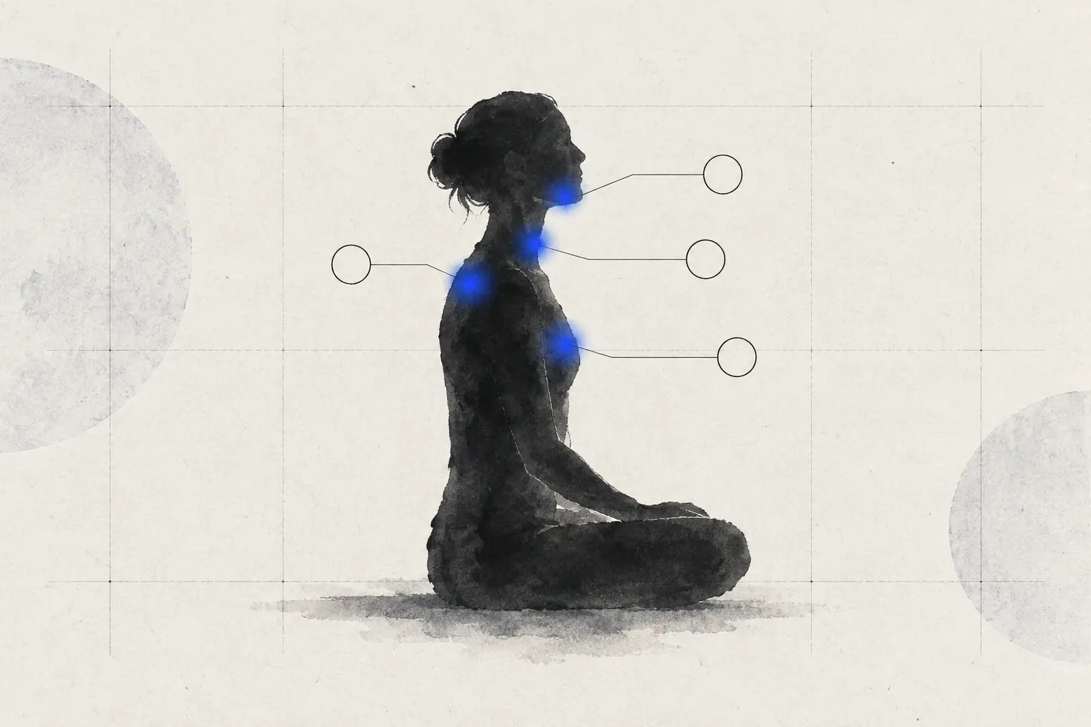얼굴 없는 옆모습 실루엣의 가슴, 목, 어깨, 턱에 파란 빛점이 표시된 관찰 그림.