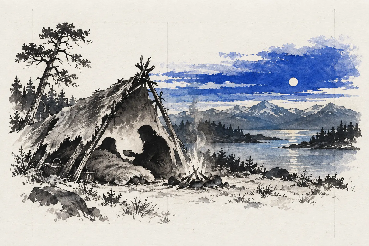나뭇가지 쉼터에서 쉬는 사람 곁을 다른 사람이 지키는 그림.