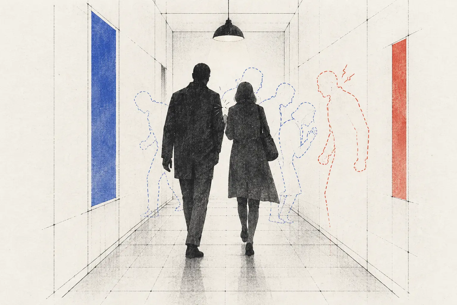 복도에서 어깨가 스친 두 실루엣 주변에 여러 해석의 점선 윤곽이 떠 있는 그림